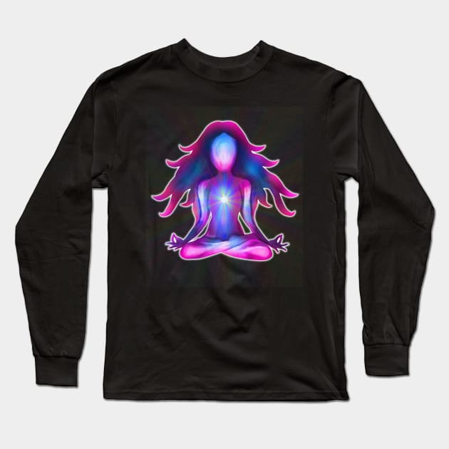 Psychedelic Glowing Pink Blue Yoga Silhouette Long Sleeve T-Shirt by Art by Deborah Camp